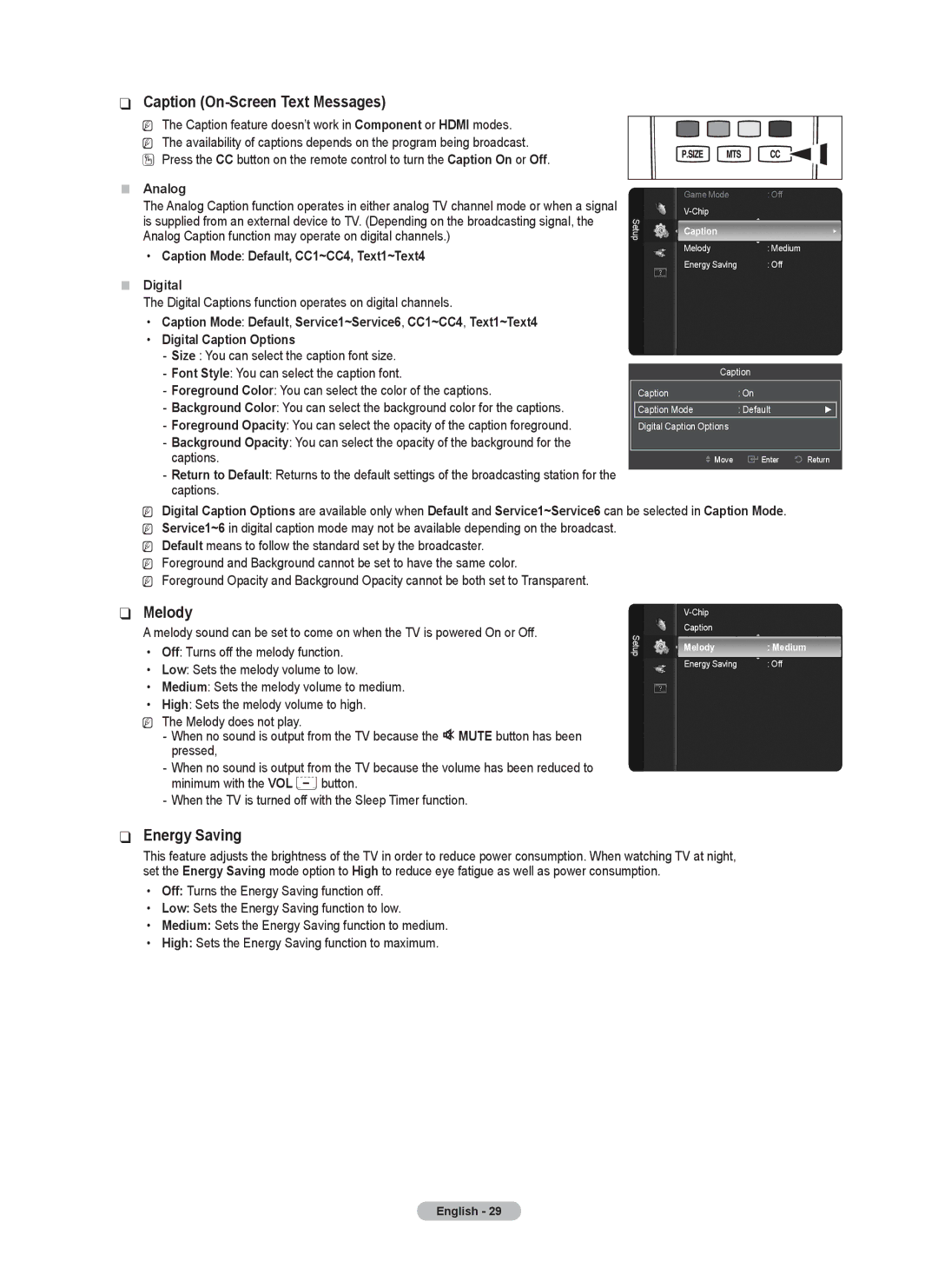 Samsung BN68-02426A-00 user manual Caption On-Screen Text Messages, Melody, Energy Saving, „„ Analog 