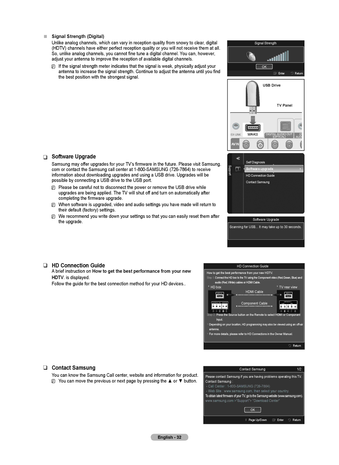 Samsung BN68-02426A-00 user manual Software Upgrade, HD Connection Guide, Contact Samsung, „„ Signal Strength Digital 