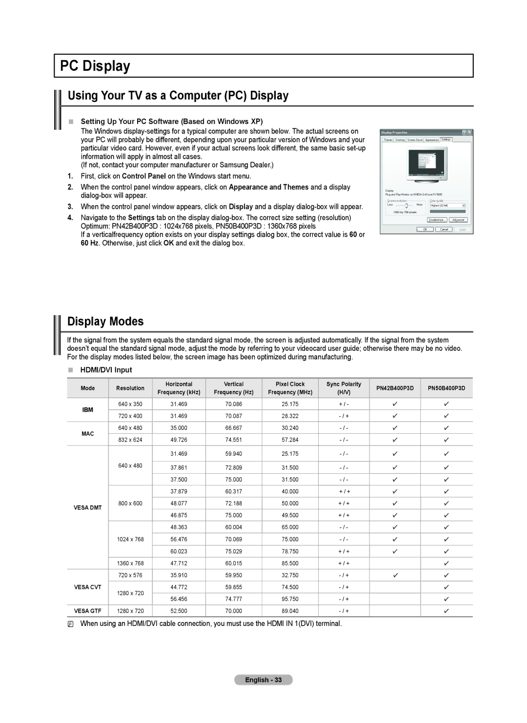 Samsung BN68-02426A-00 user manual Using Your TV as a Computer PC Display, Display Modes, „„ HDMI/DVI Input 