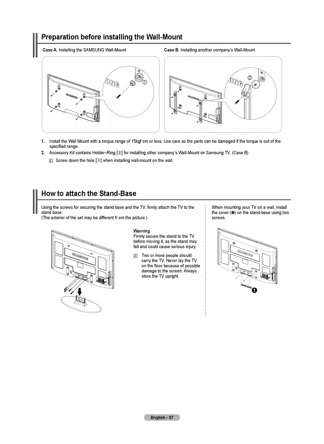 Samsung BN68-02426A-00 user manual Preparation before installing the Wall-Mount, How to attach the Stand-Base, Stand base 