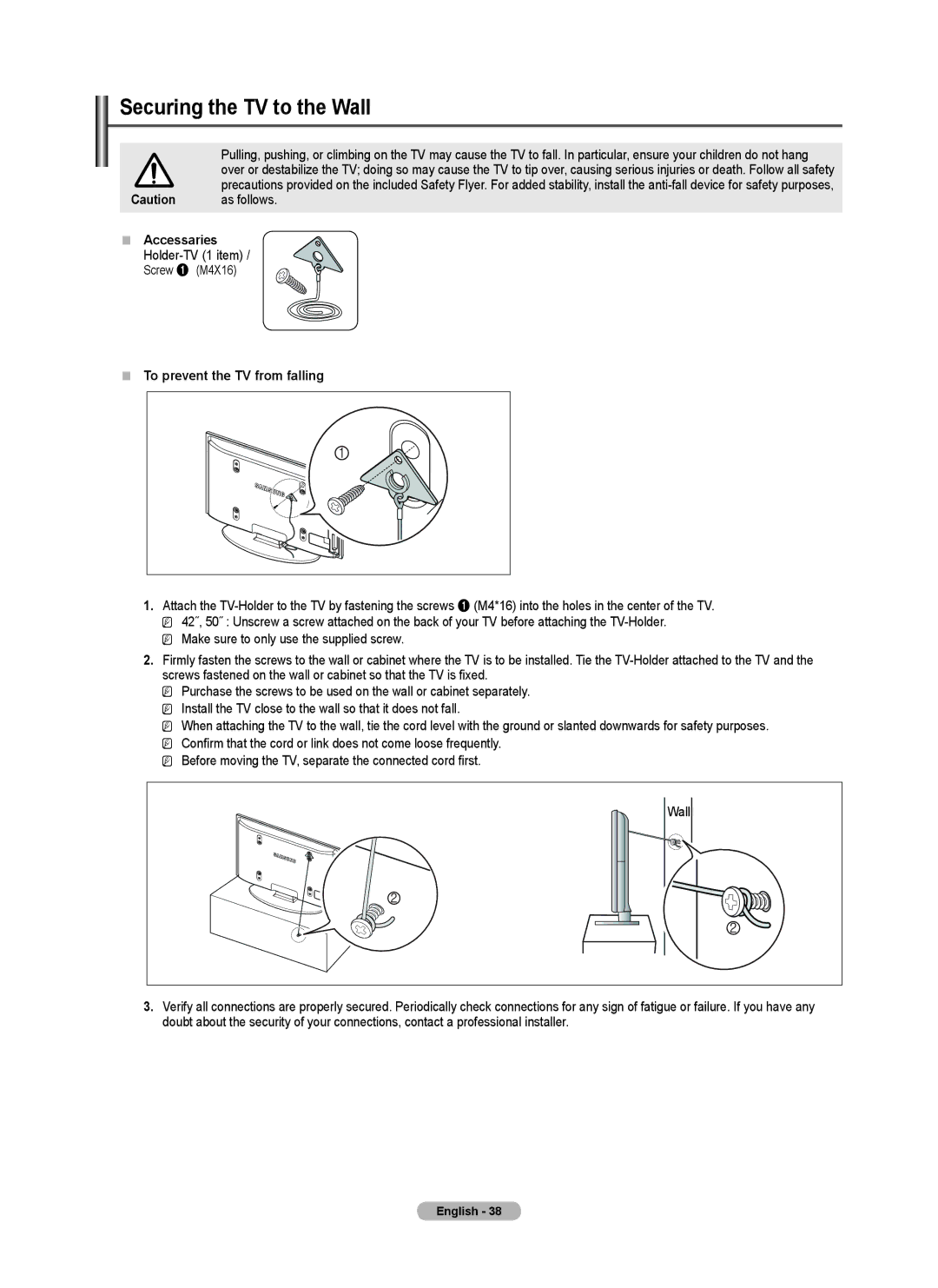 Samsung BN68-02426A-00 user manual Securing the TV to the Wall, As follows, „„ Accessaries, Holder-TV 1 item 