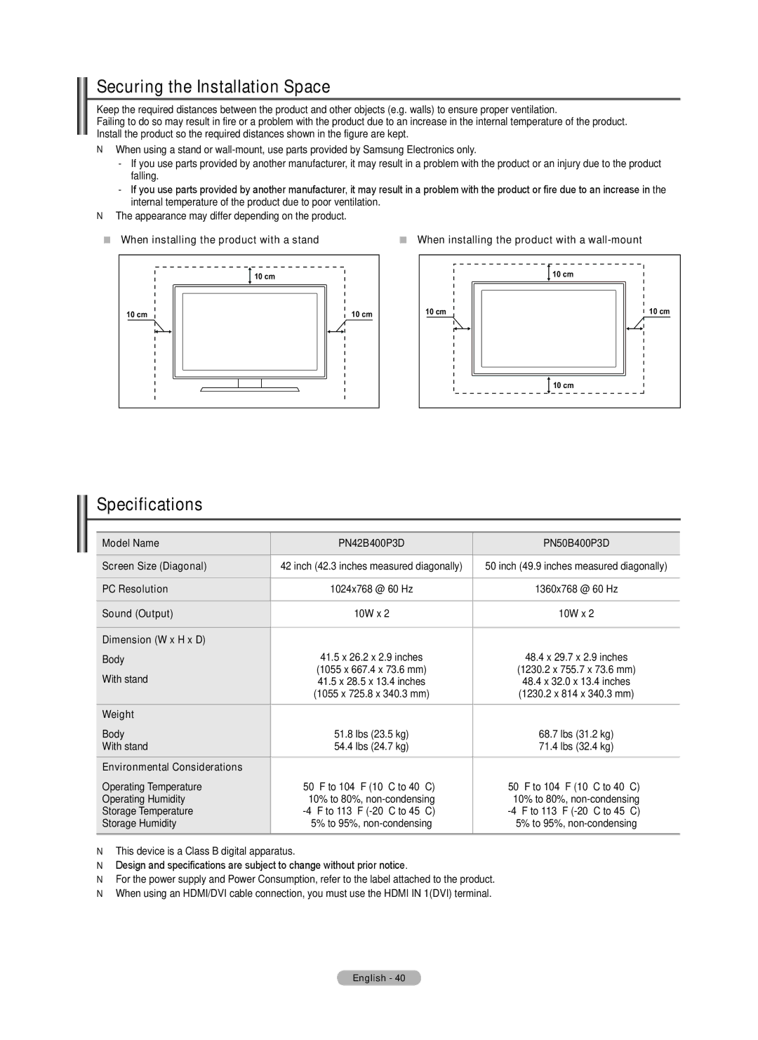 Samsung BN68-02426A-00 user manual Securing the Installation Space, Specifications 