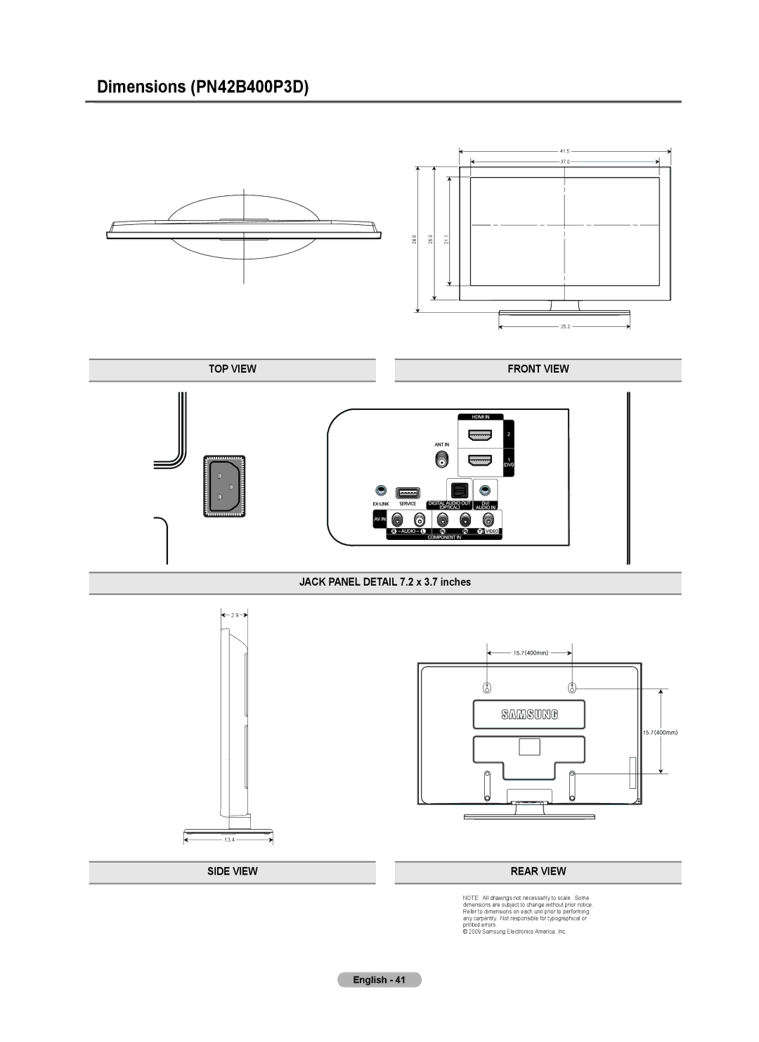 Samsung BN68-02426A-00 user manual Dimensions PN42B400P3D, Jack Panel Detail 7.2 x 3.7 inches 