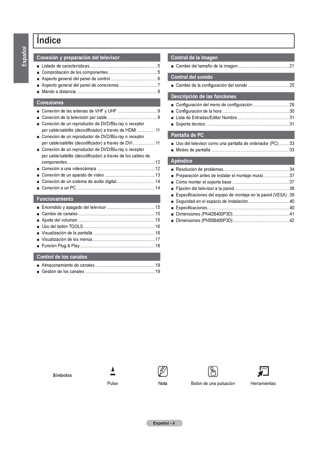 Samsung BN68-02426A-00 user manual Índice, Símbolos, Pulse 