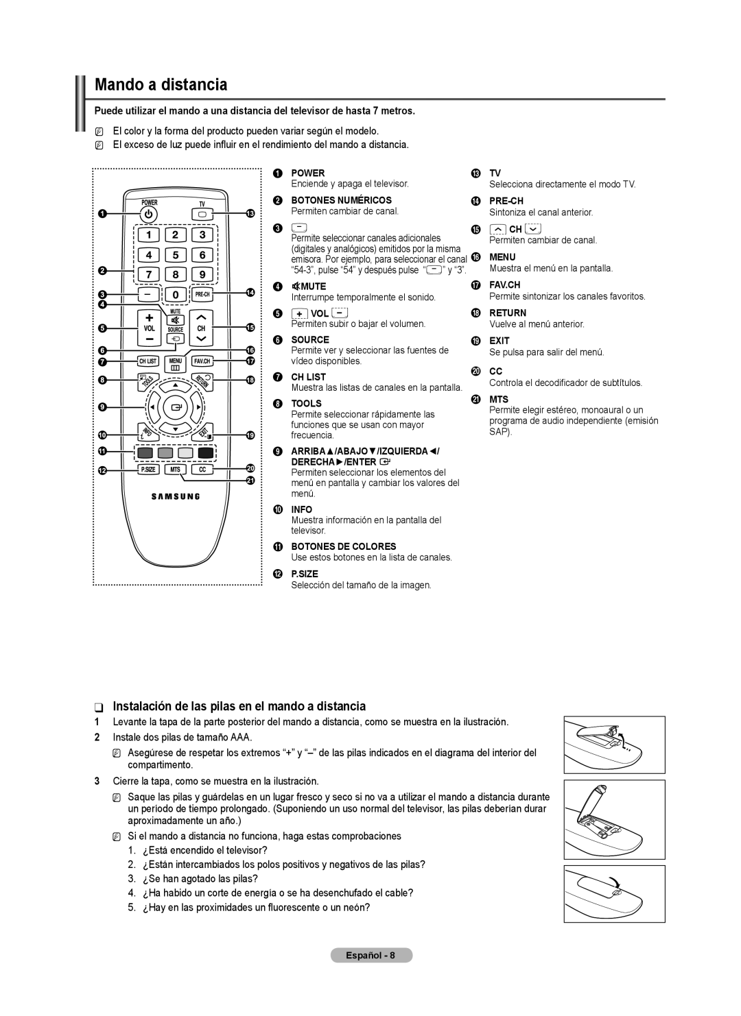 Samsung BN68-02426A-00 user manual Mando a distancia, Instalación de las pilas en el mando a distancia 