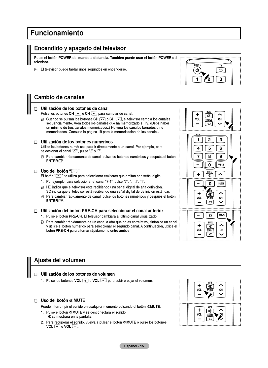 Samsung BN68-02426A-00 user manual Funcionamiento, Encendido y apagado del televisor, Cambio de canales, Ajuste del volumen 