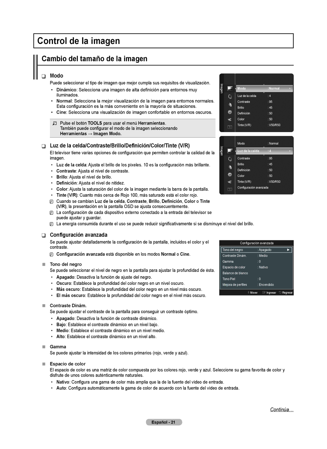 Samsung BN68-02426A-00 user manual Control de la imagen, Cambio del tamaño de la imagen, Modo, Configuración avanzada 