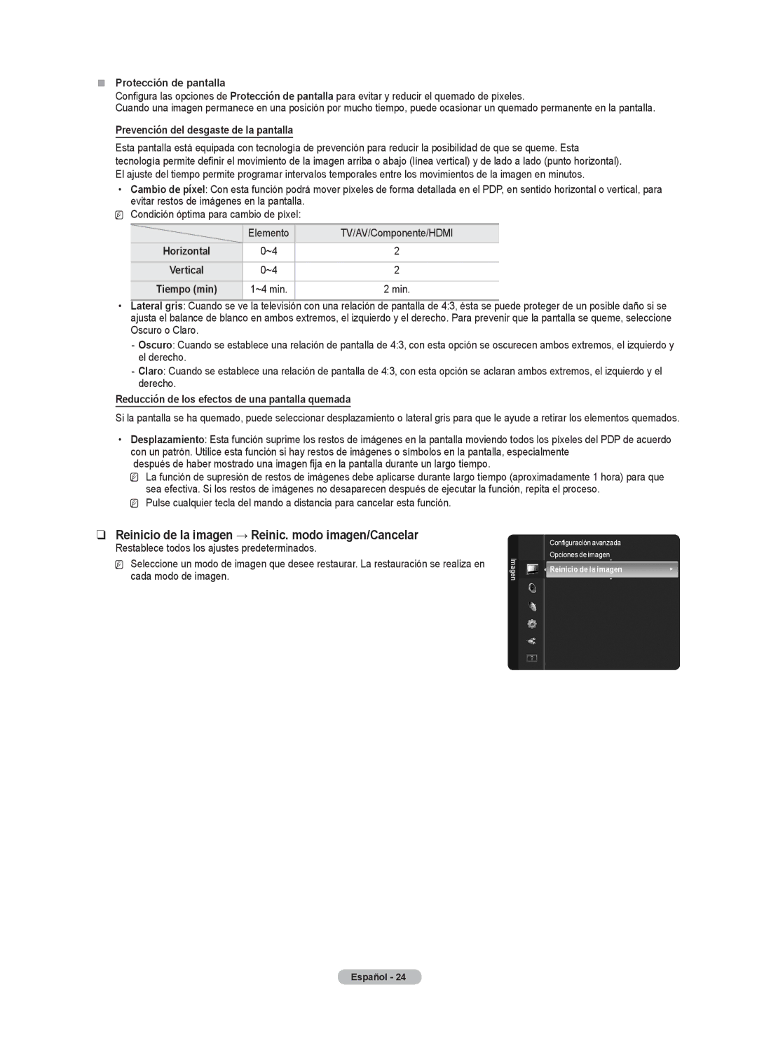 Samsung BN68-02426A-00 user manual Reinicio de la imagen → Reinic. modo imagen/Cancelar, „„ Protección de pantalla 