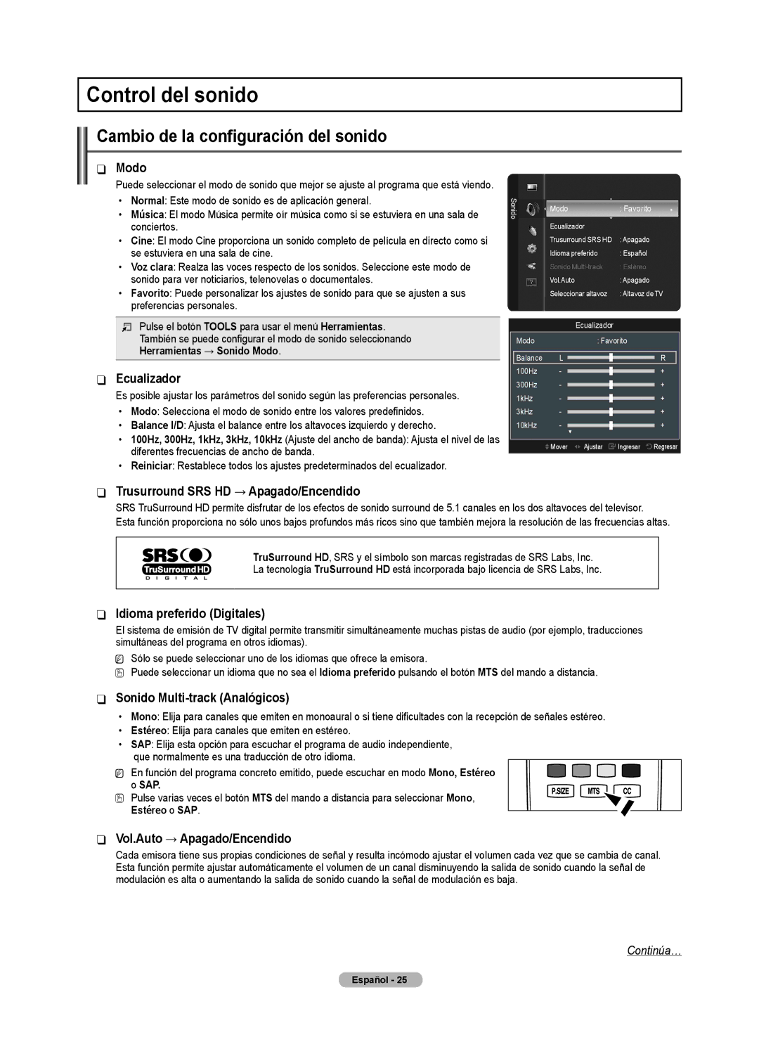 Samsung BN68-02426A-00 user manual Control del sonido, Cambio de la configuración del sonido 