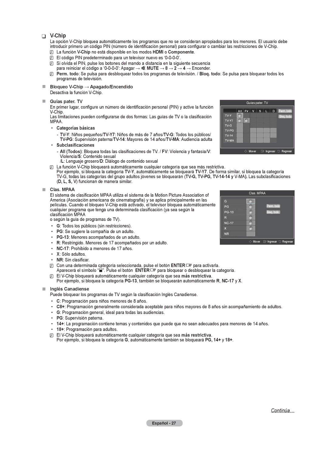 Samsung BN68-02426A-00 „„ Bloqueo V-Chip → Apagado/Encendido, Guías pater. TV, Categorías básicas, Subclasificaciones 