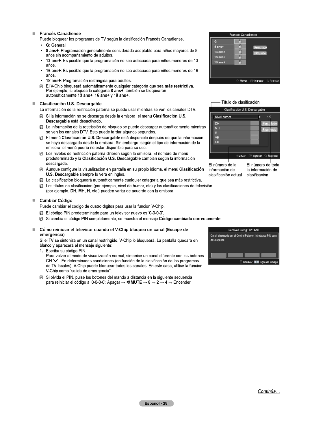 Samsung BN68-02426A-00 user manual „„ Francés Canadiense, „„ Clasificación U.S. Descargable, „„ Cambiar Código 