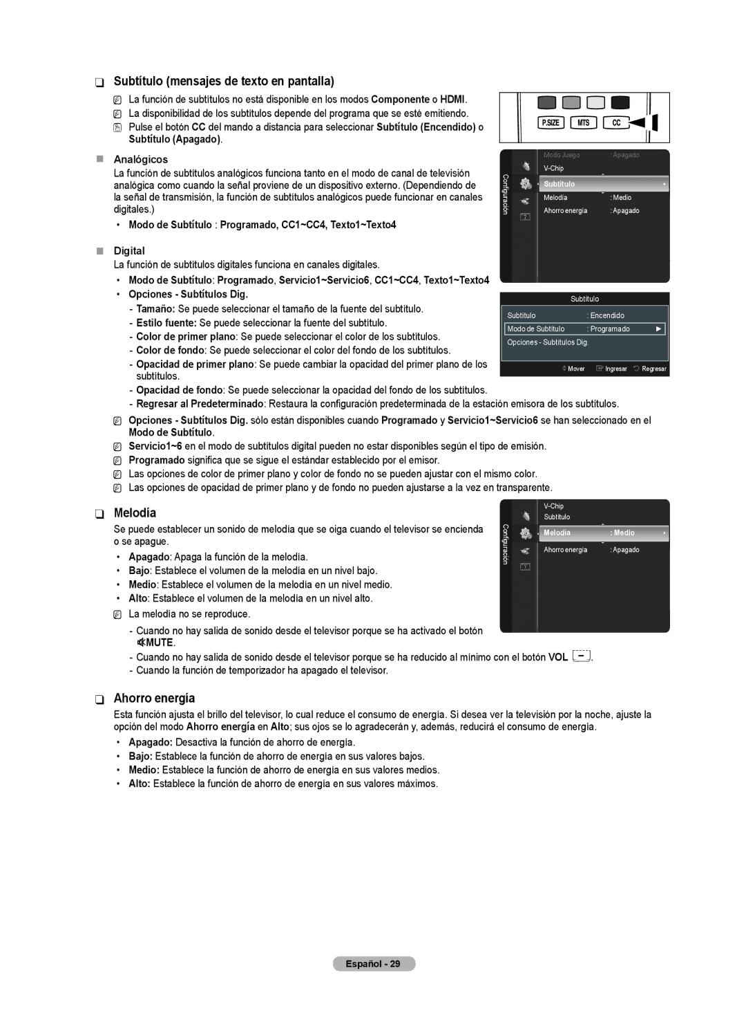 Samsung BN68-02426A-00 user manual Subtítulo mensajes de texto en pantalla, Melodía, Ahorro energía 