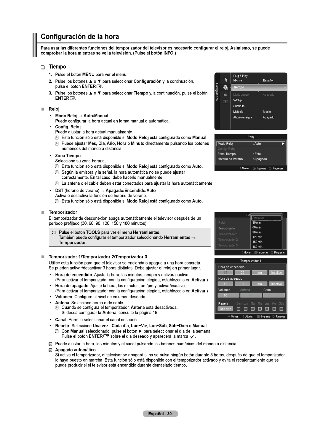 Samsung BN68-02426A-00 Configuración de la hora, „„ Reloj Modo Reloj → Auto/Manual, Config. Reloj, Zona Tiempo 