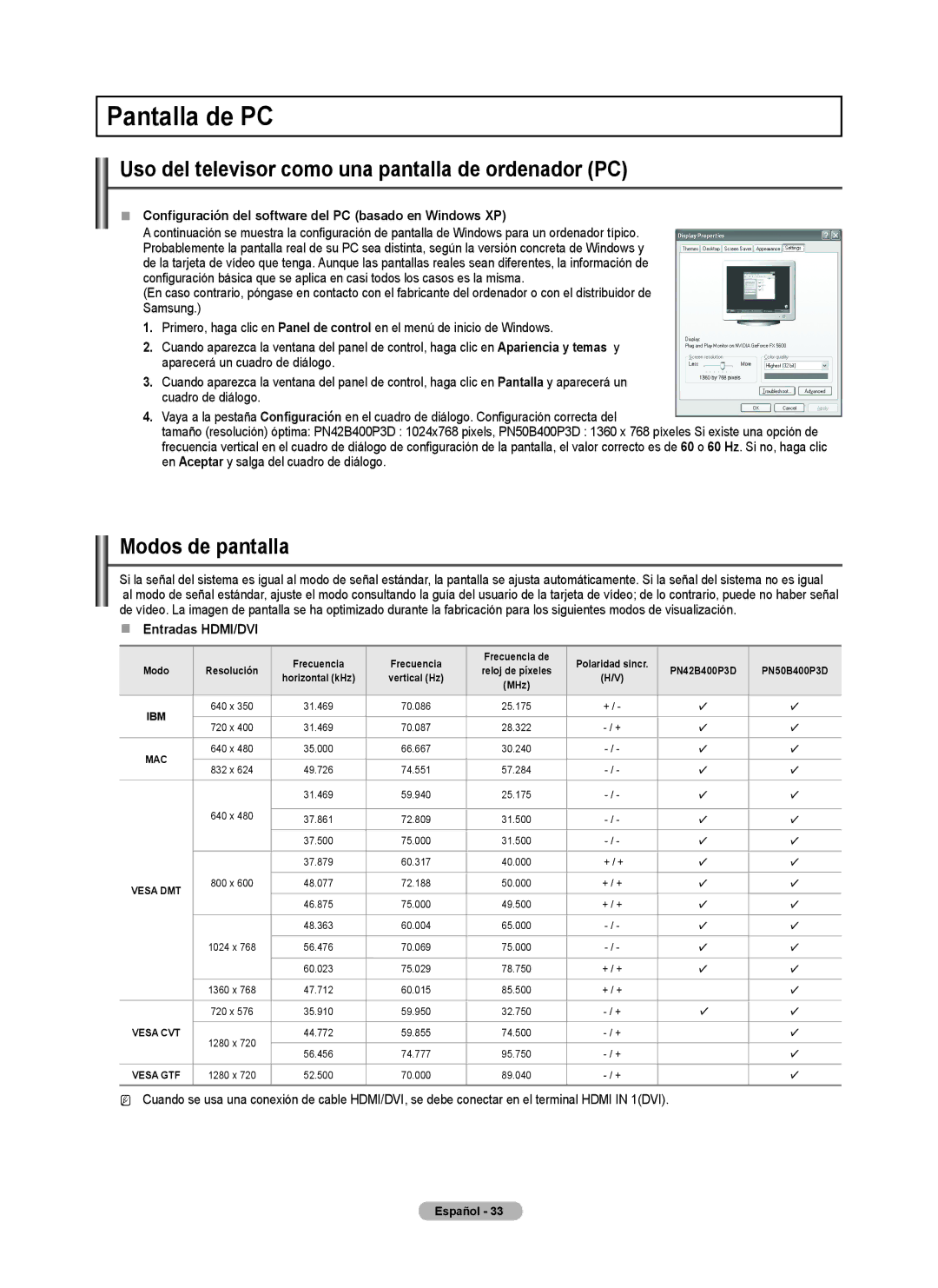 Samsung BN68-02426A-00 user manual Pantalla de PC, Uso del televisor como una pantalla de ordenador PC, Modos de pantalla 