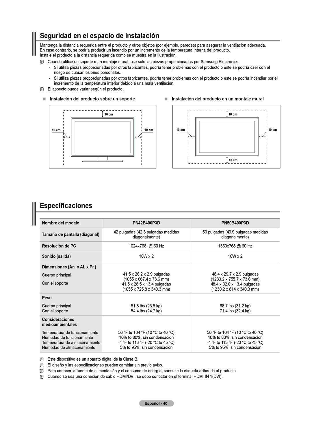 Samsung BN68-02426A-00 user manual Seguridad en el espacio de instalación, Especificaciones 