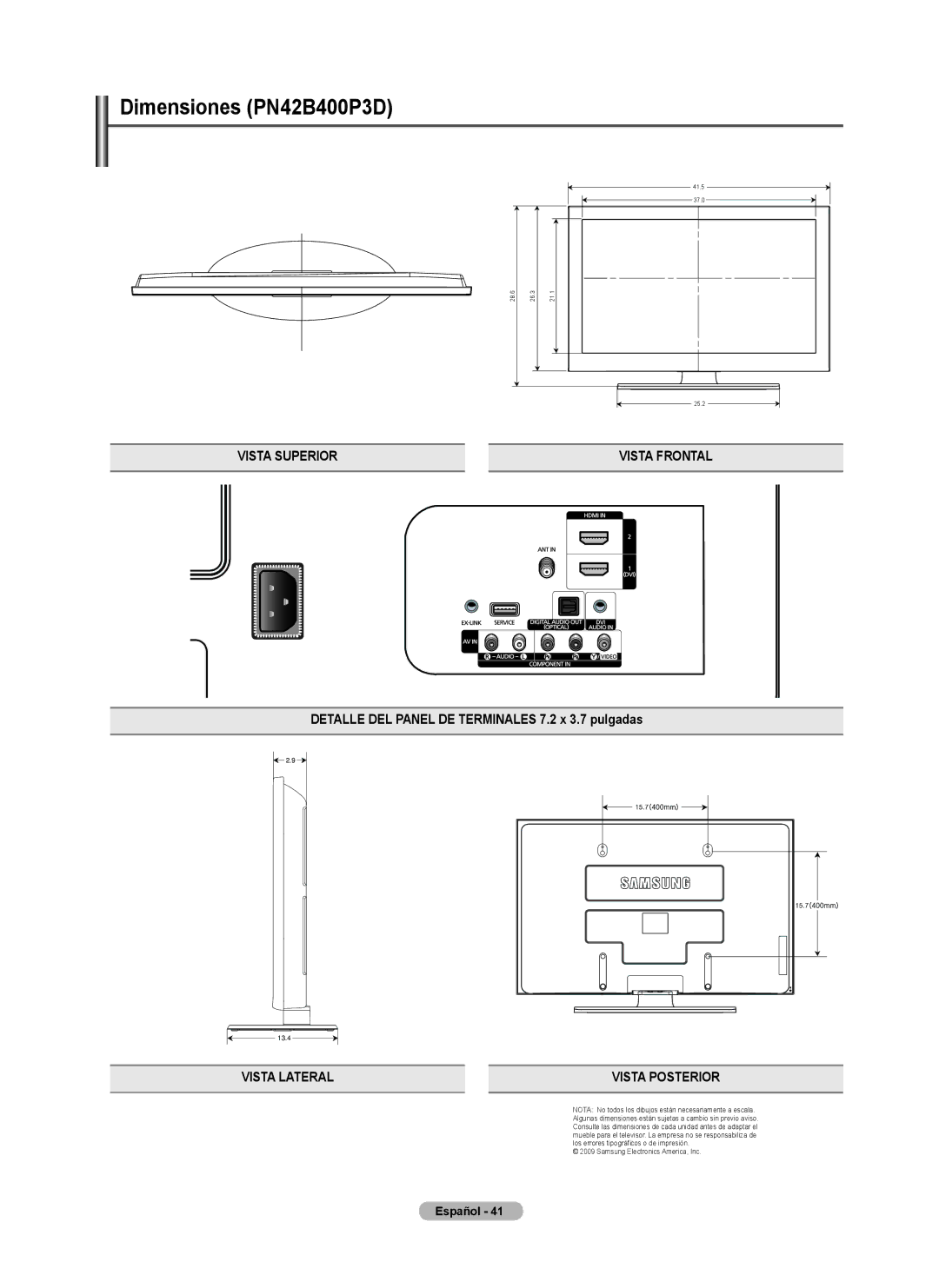 Samsung BN68-02426A-00 user manual Dimensiones PN42B400P3D, Detalle DEL Panel DE Terminales 7.2 x 3.7 pulgadas 