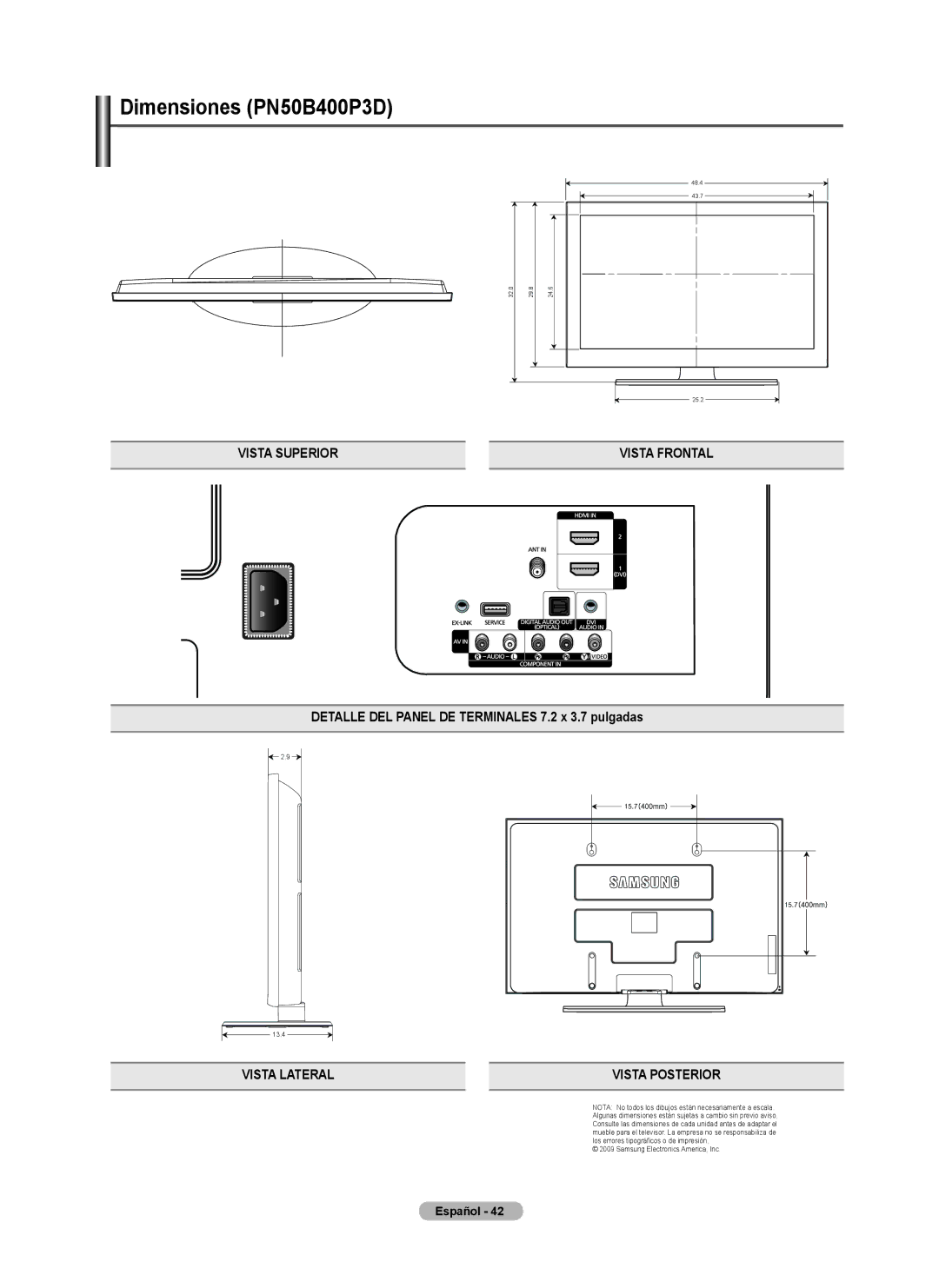 Samsung BN68-02426A-00 user manual Dimensiones PN50B400P3D 