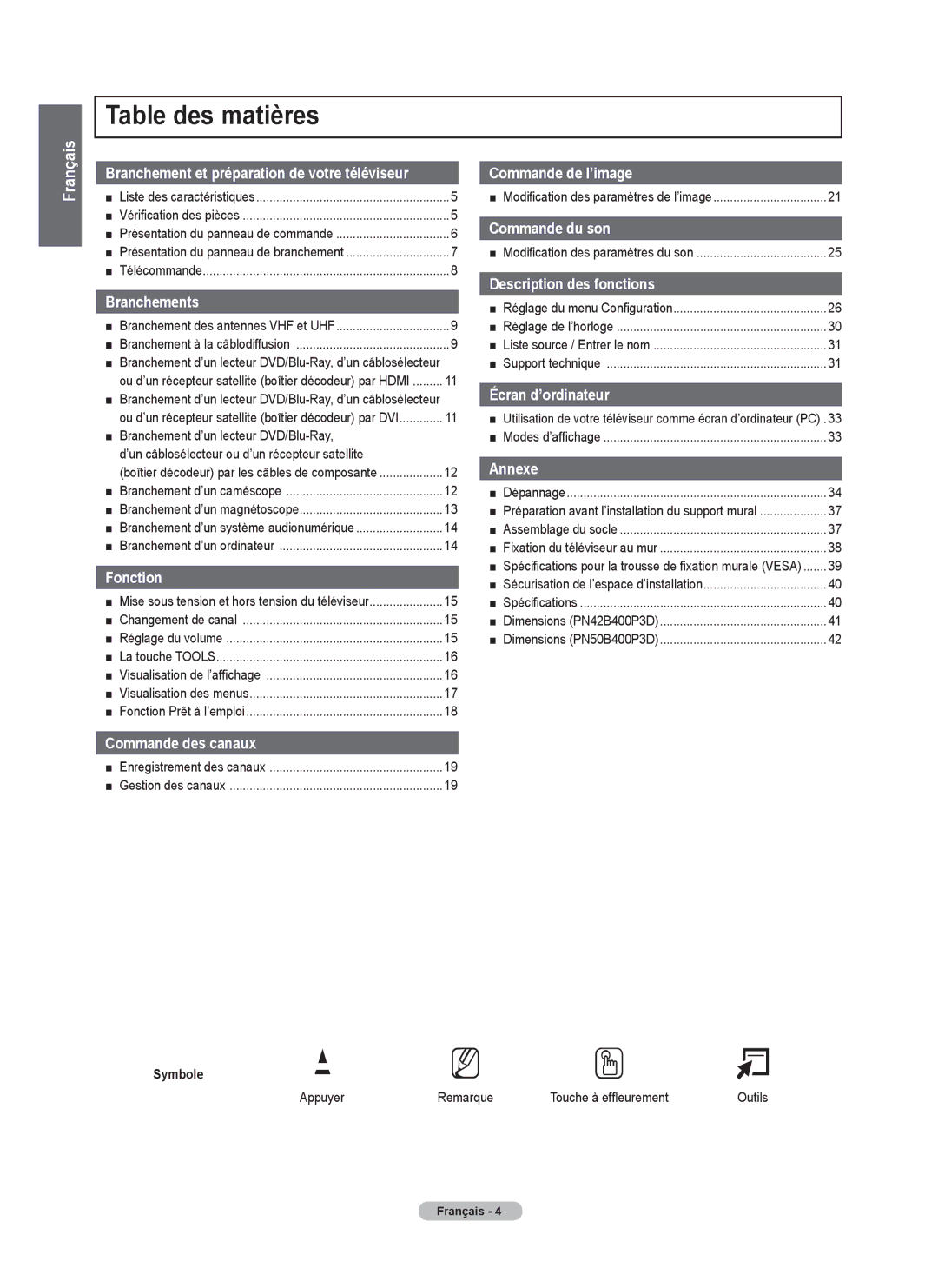 Samsung BN68-02426A-00 user manual Table des matières, Symbole, Appuyer Remarque Touche à effleurement 