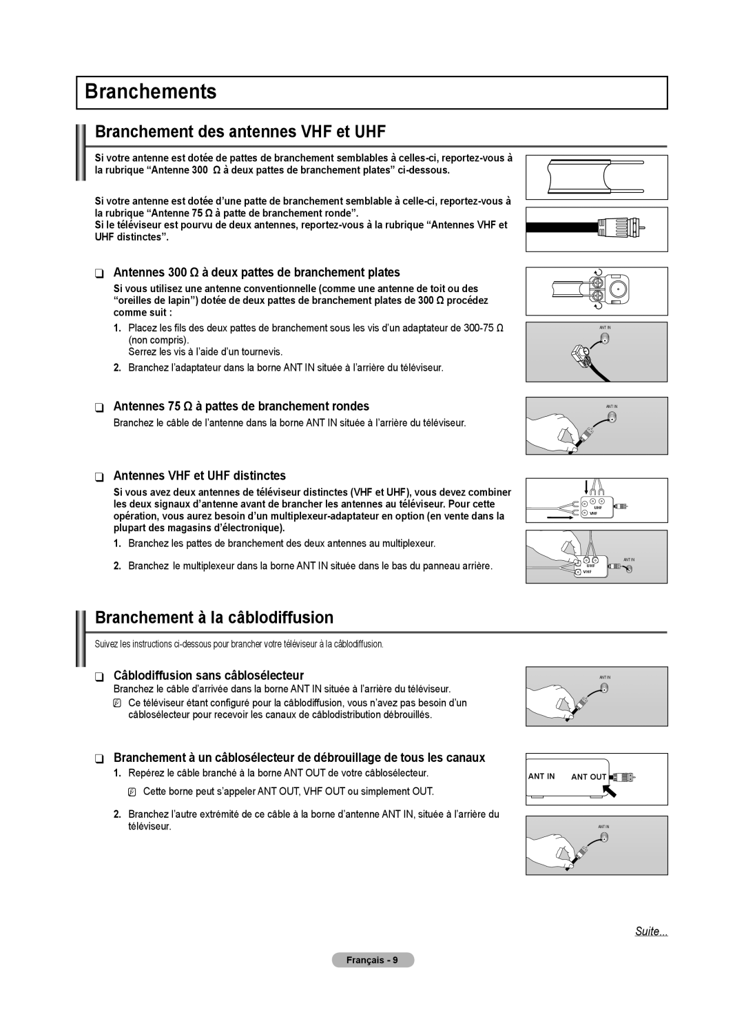 Samsung BN68-02426A-00 user manual Branchements, Branchement des antennes VHF et UHF, Branchement à la câblodiffusion 