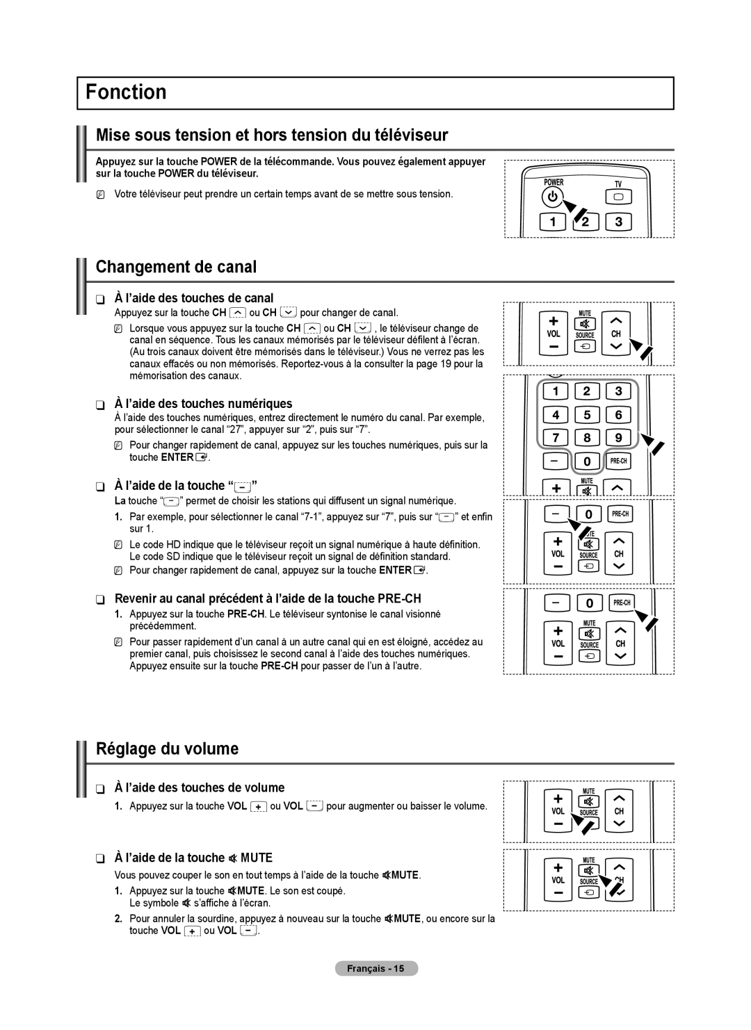 Samsung BN68-02426A-00 Fonction, Mise sous tension et hors tension du téléviseur, Changement de canal, Réglage du volume 