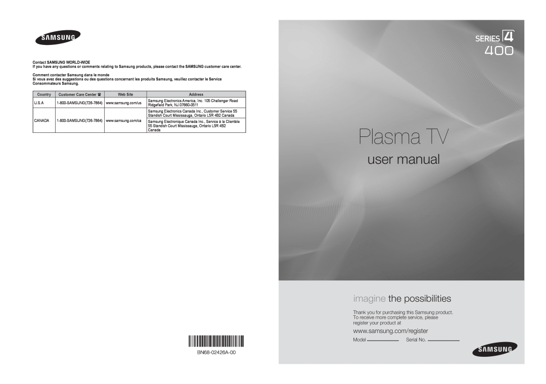 Samsung BN68-02426A-00 user manual imagine the possibilities, Plasma TV, Model, Contact SAMSUNG WORLD-WIDE, Country 
