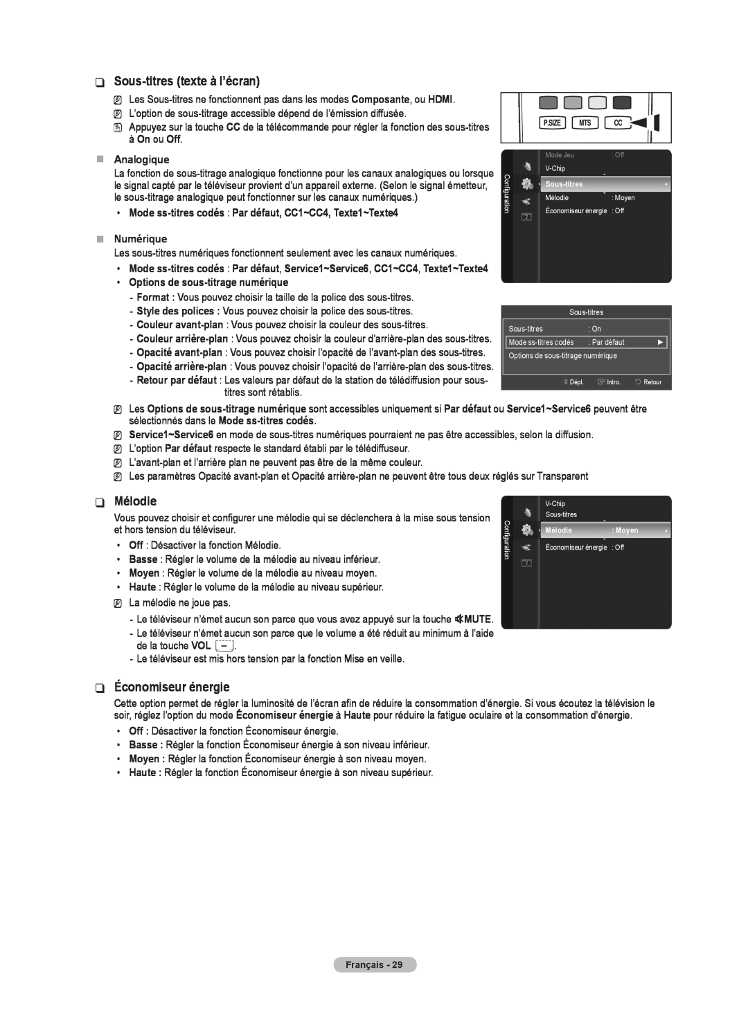 Samsung BN68-02426A-00 user manual Sous-titres texte à l’écran, Mélodie, Économiseur énergie, Analogique, Numérique 