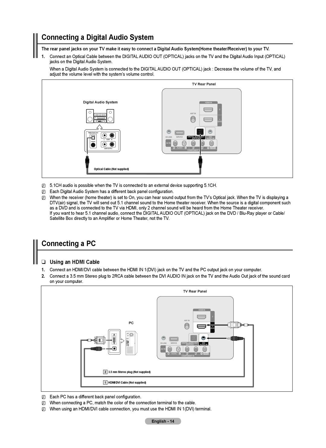 Samsung BN68-02426A-00 user manual Connecting a Digital Audio System, Connecting a PC, Using an HDMI Cable 