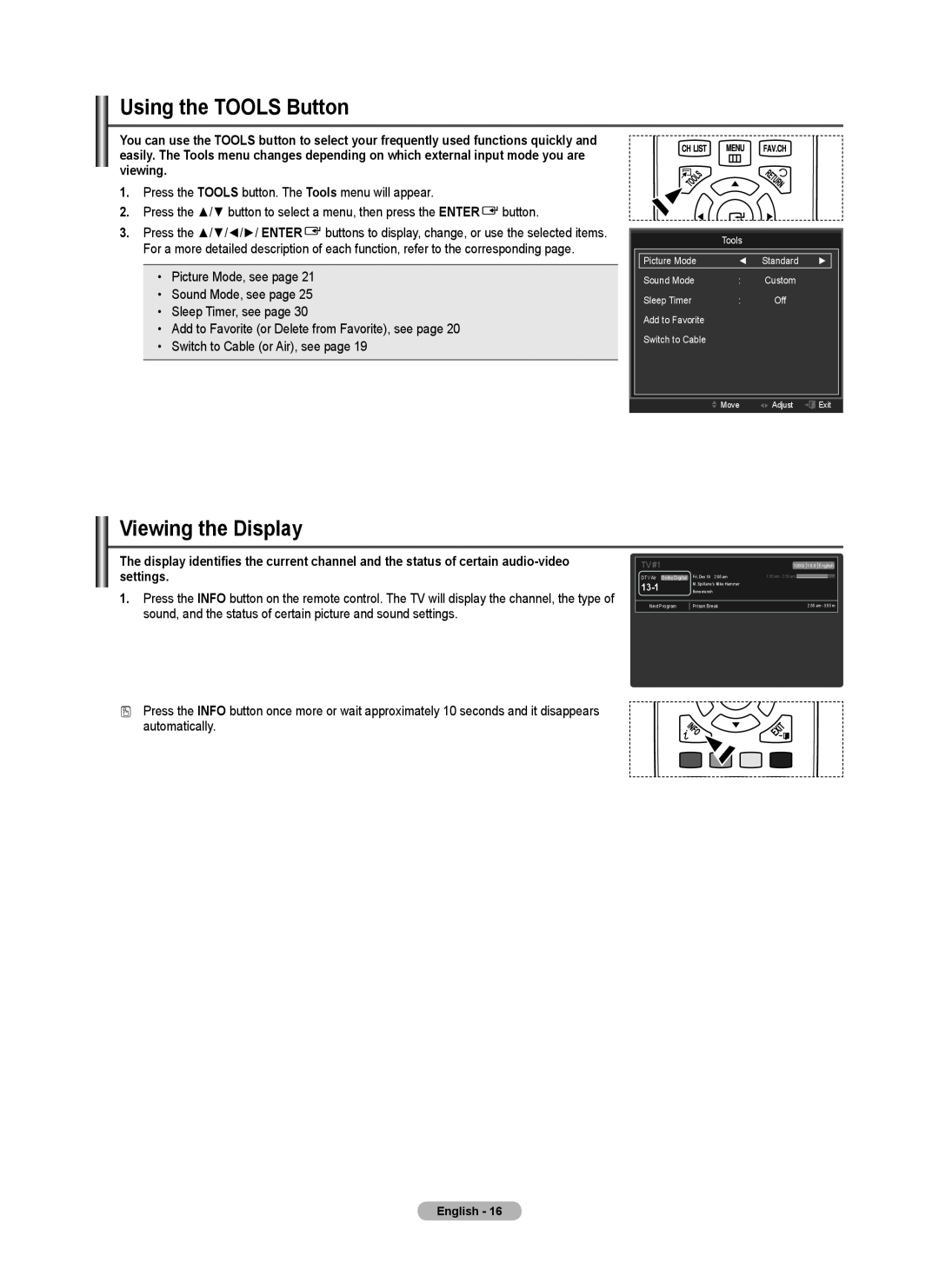 Samsung BN68-02426A-00 user manual Using the TOOLS Button, Viewing the Display 