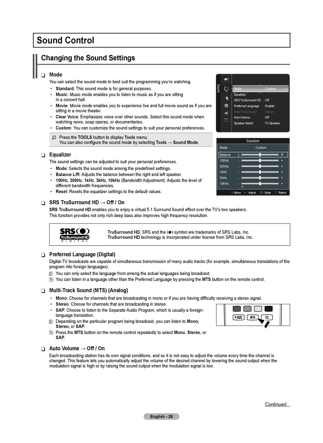 Samsung BN68-02426A-00 Sound Control, Mode, Equalizer, SRS TruSurround HD → Off / On, Preferred Language Digital 