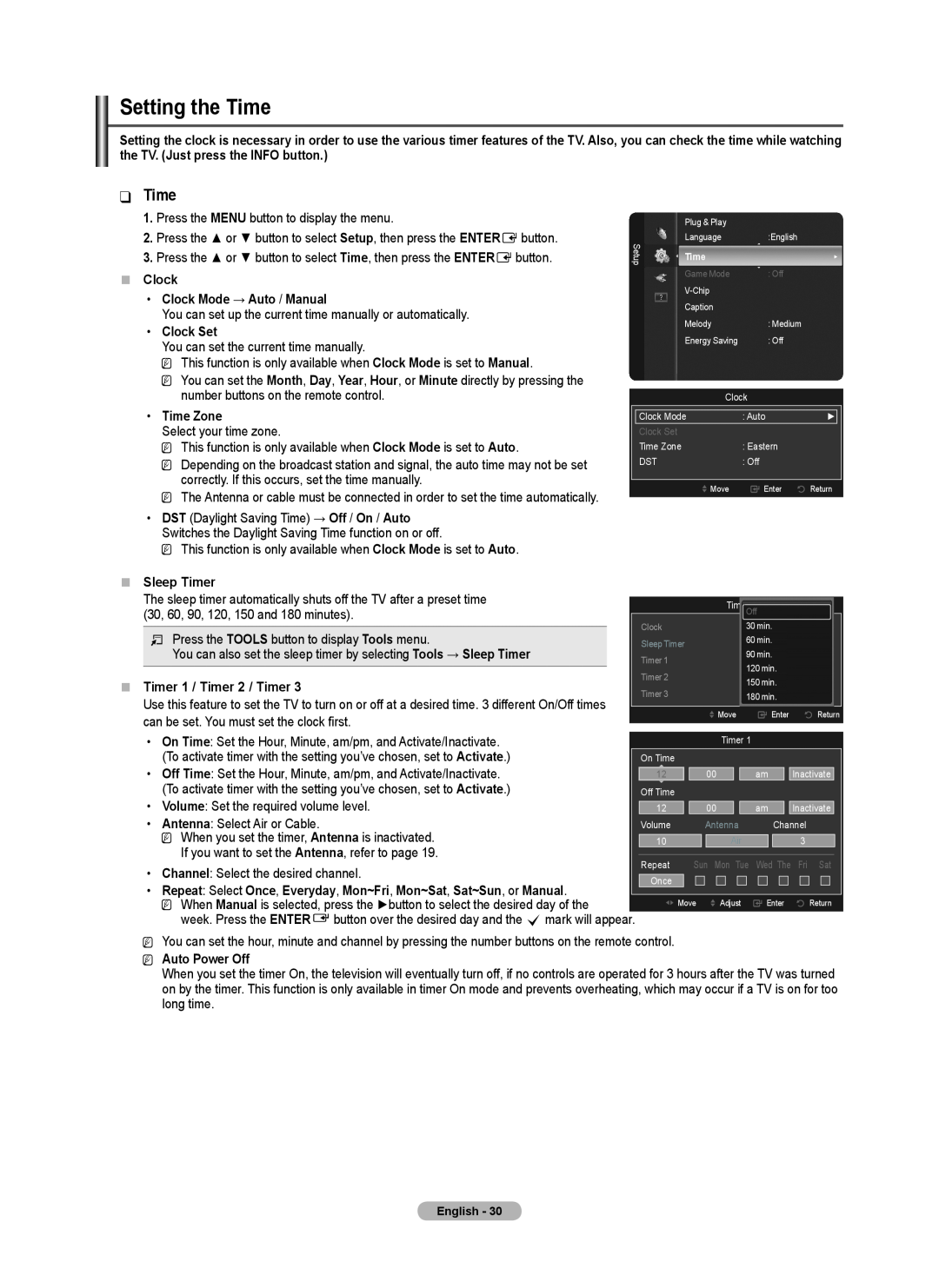 Samsung BN68-02426A-00 „„ Clock Clock Mode → Auto / Manual, Clock Set, Time Zone, „„ Sleep Timer, Auto Power Off 