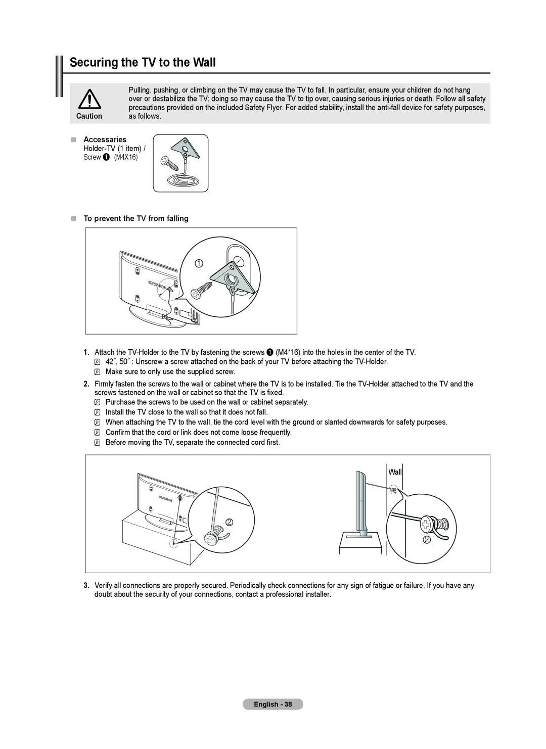 Samsung BN68-02426A-00 user manual Securing the TV to the Wall, „„ Accessaries, „„ To prevent the TV from falling 
