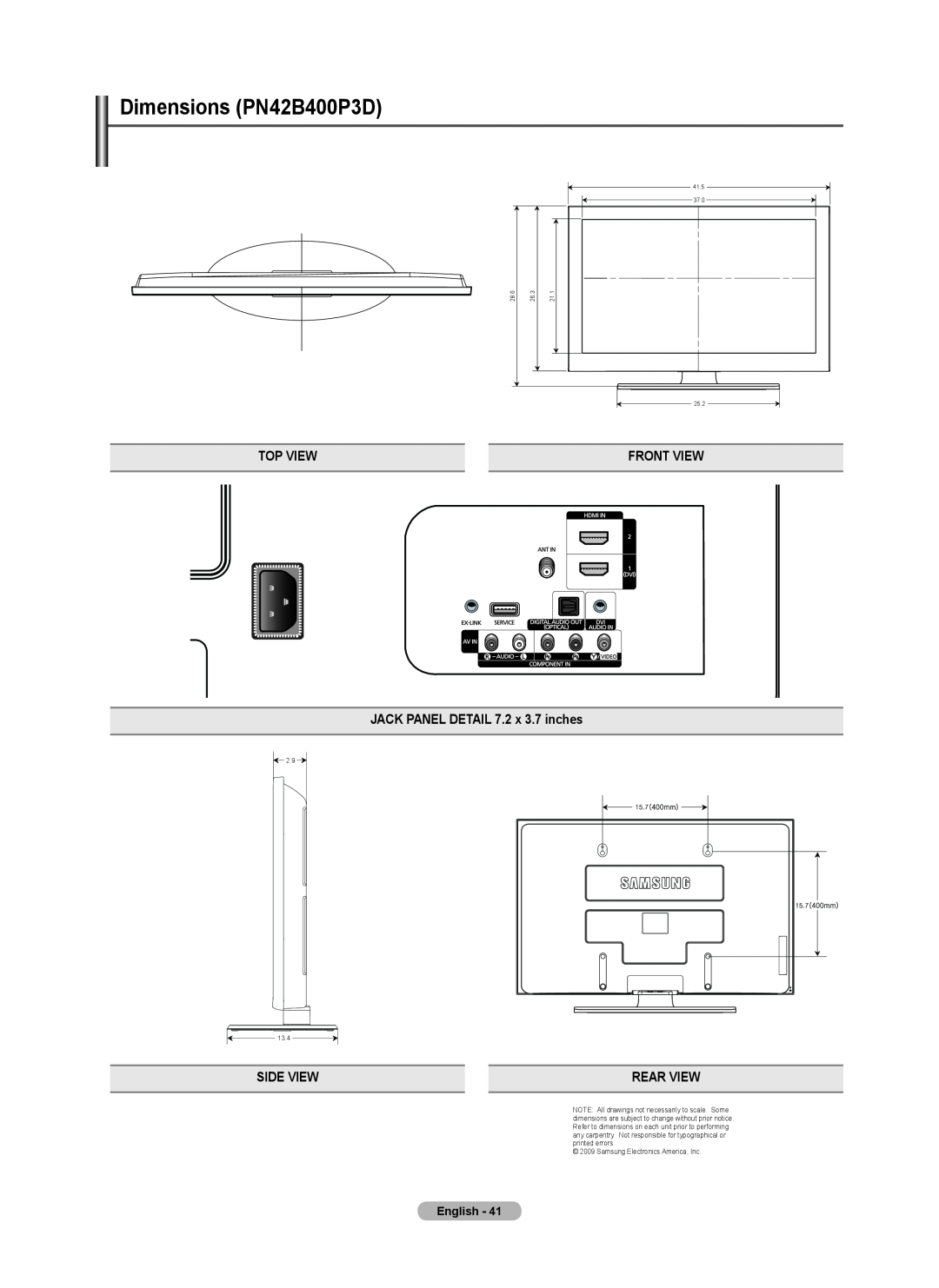 Samsung BN68-02426A-00 Top View, JACK PANEL DETAIL 7.2 x 3.7 inches, Side View, Rear View, Front View, English, 41.5, 37.0 