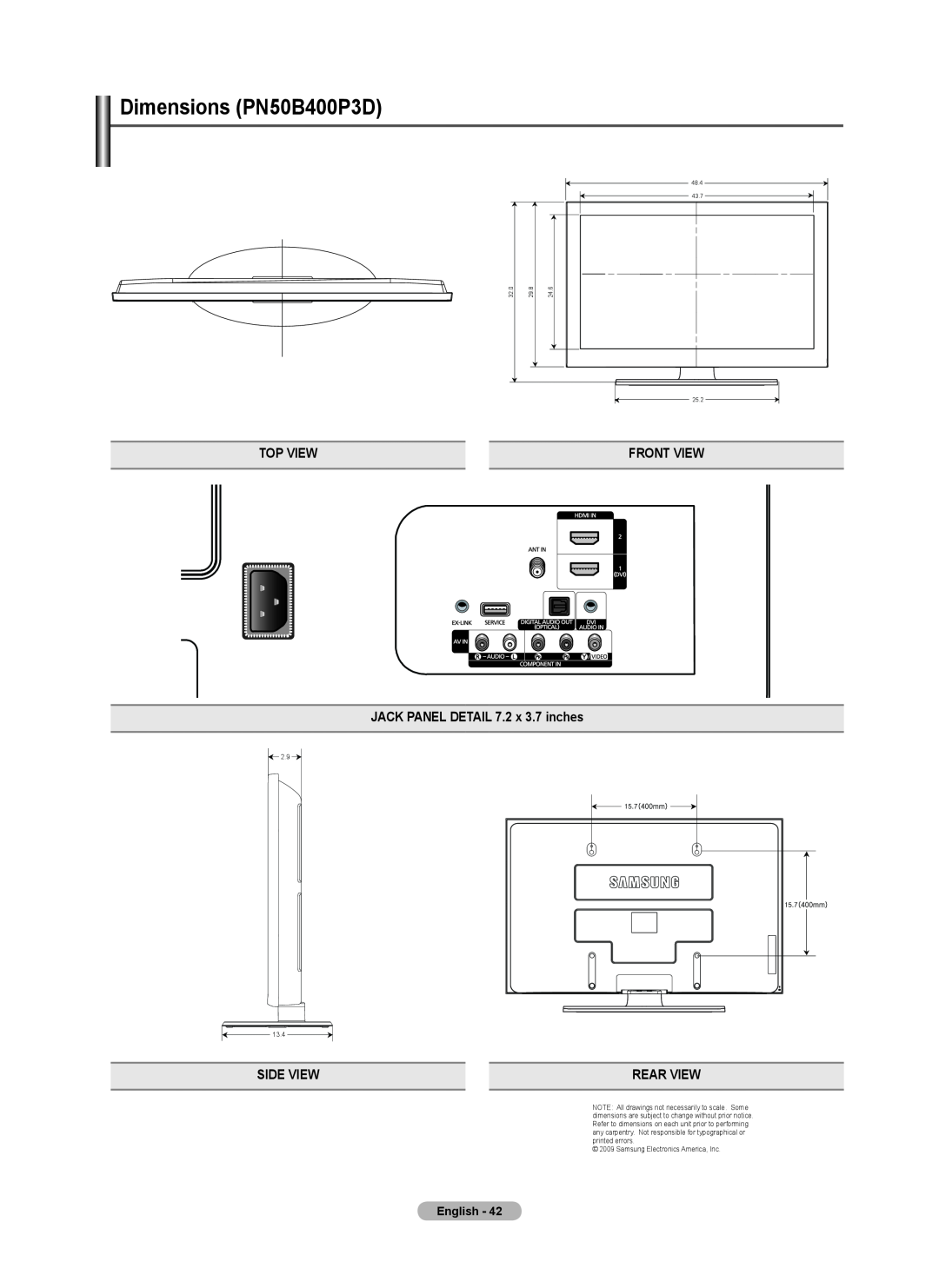 Samsung BN68-02426A-00 Top View, JACK PANEL DETAIL 7.2 x 3.7 inches, Side View, Rear View, Front View, English, 48.4, 43.7 