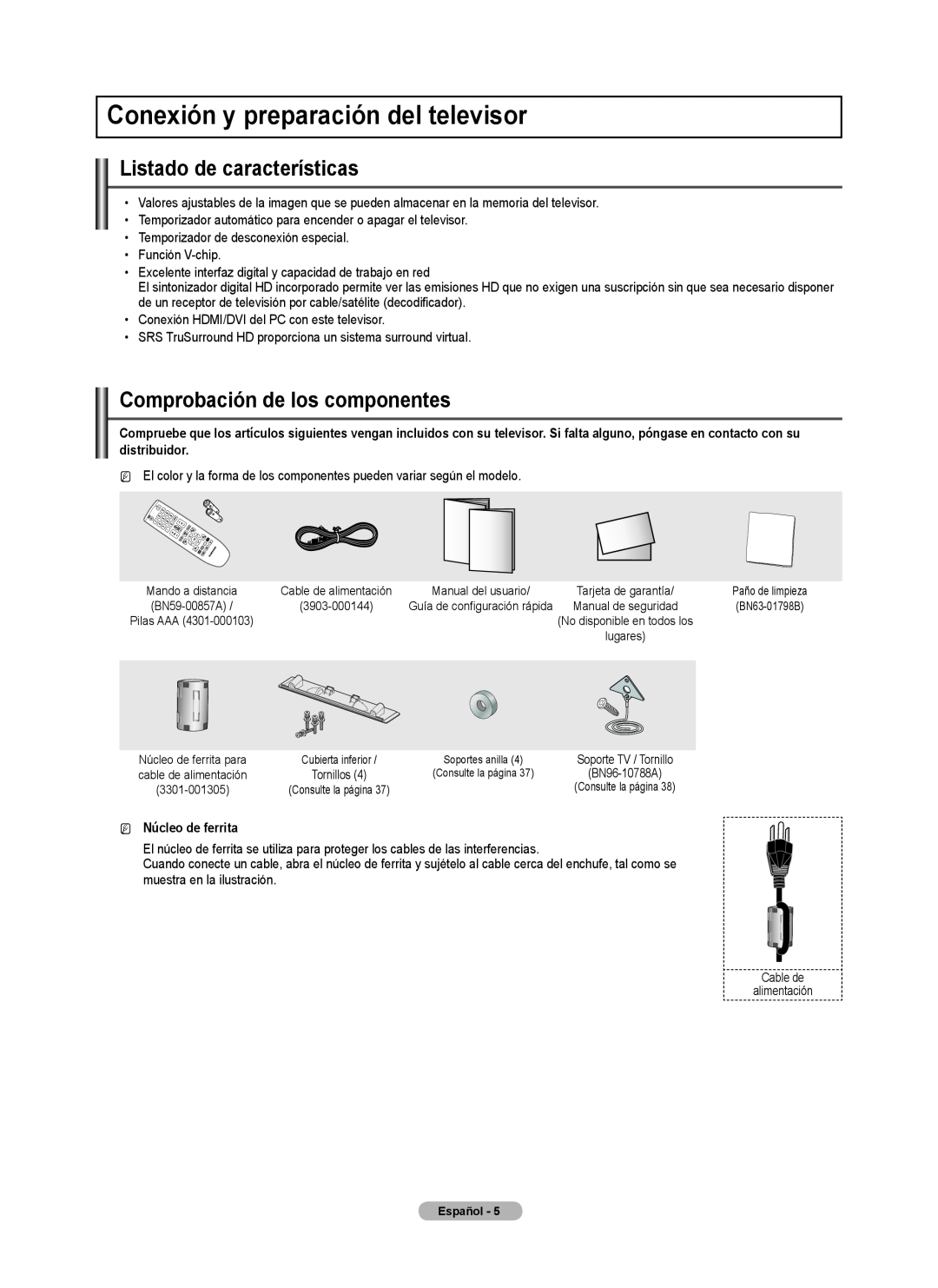 Samsung BN68-02426A-00 Conexión y preparación del televisor, Listado de características, Comprobación de los componentes 