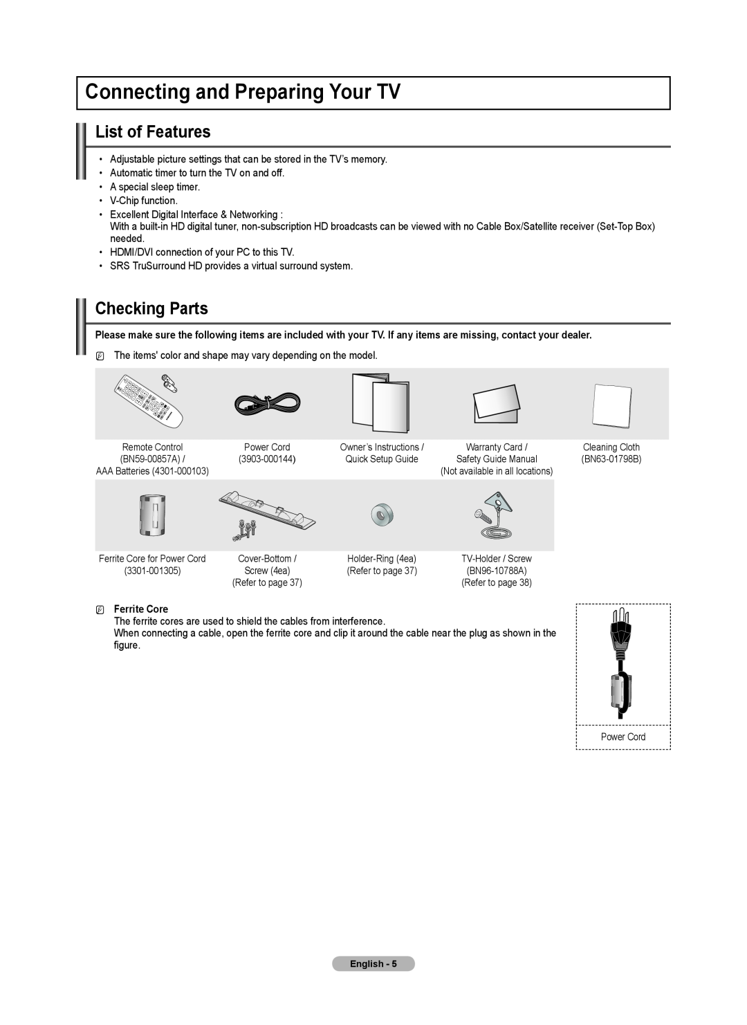 Samsung BN68-02426A-00 user manual Connecting and Preparing Your TV, List of Features, Checking Parts, NN Ferrite Core 