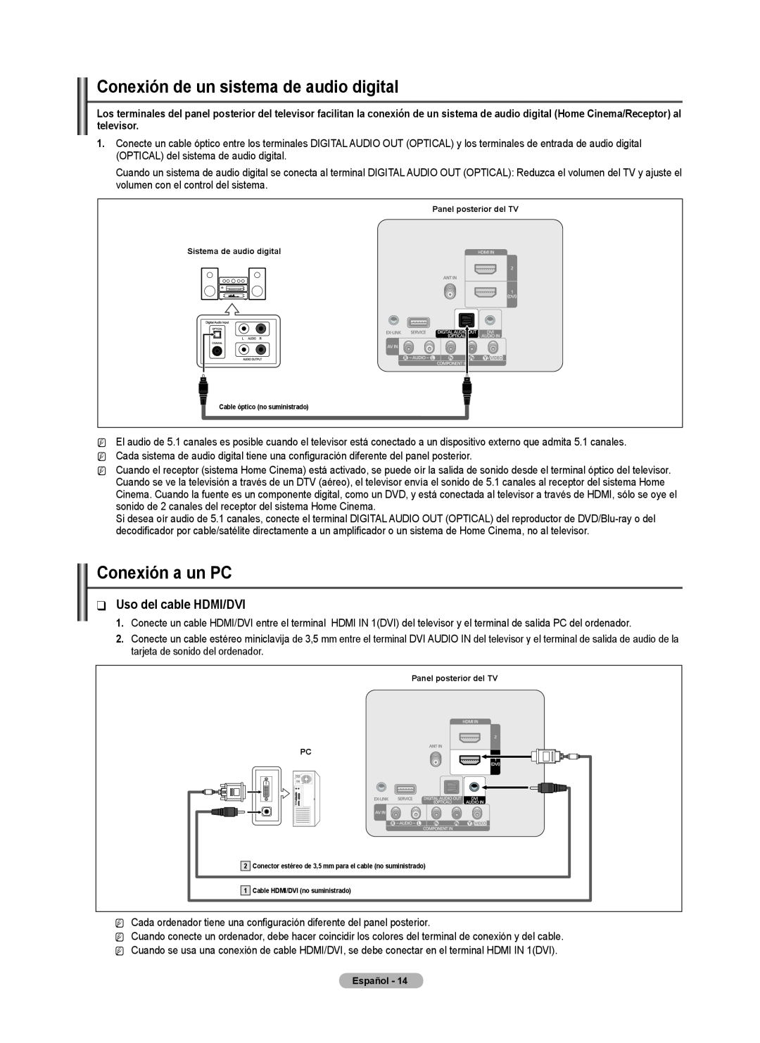 Samsung BN68-02426A-00 user manual Conexión de un sistema de audio digital, Conexión a un PC, Uso del cable HDMI/DVI 