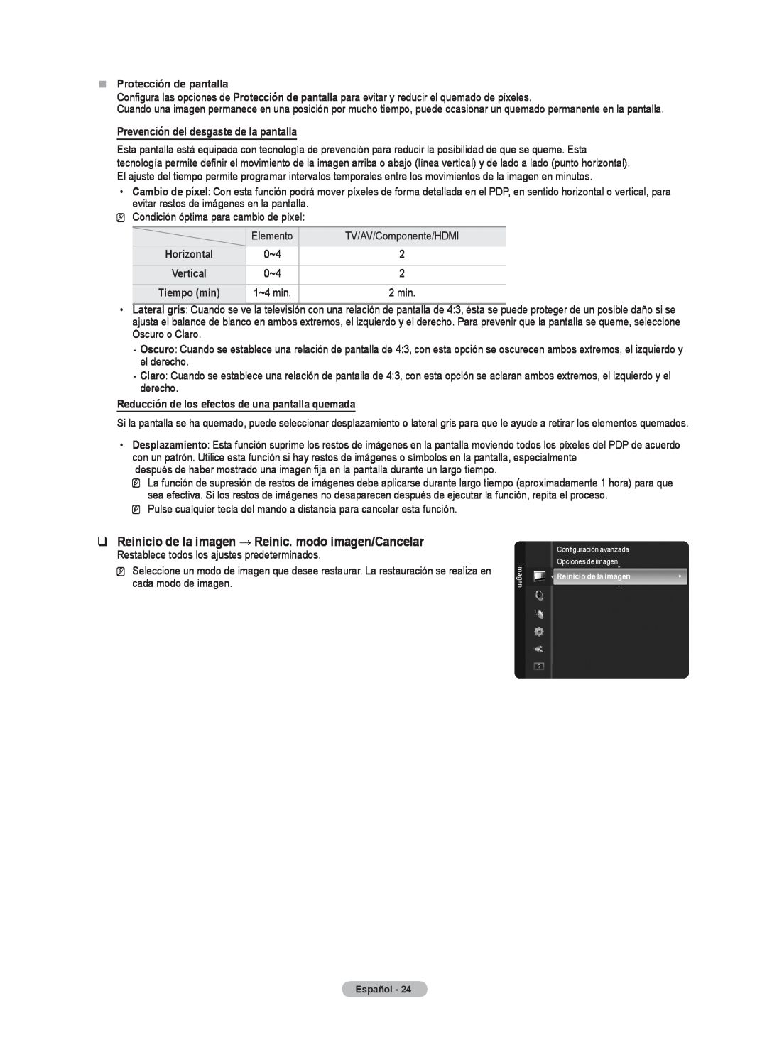 Samsung BN68-02426A-00 user manual Reinicio de la imagen → Reinic. modo imagen/Cancelar, „„ Protección de pantalla 