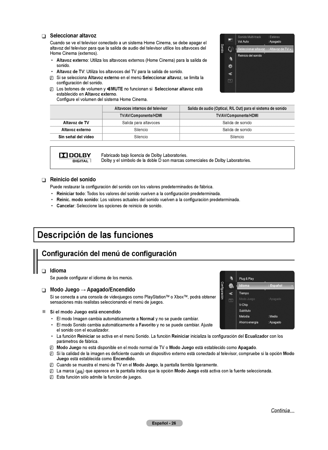 Samsung BN68-02426A-00 Descripción de las funciones, Seleccionar altavoz, Reinicio del sonido, Idioma, Continúa…, Modo 