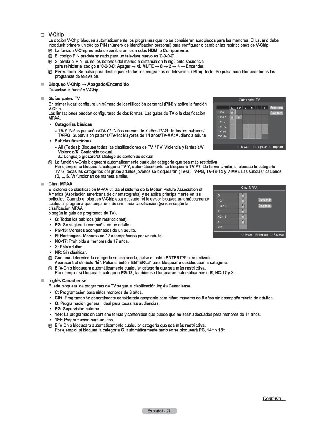 Samsung BN68-02426A-00 Continúa…, „„ Bloqueo V-Chip → Apagado/Encendido, Guías pater. TV, Categorías básicas 