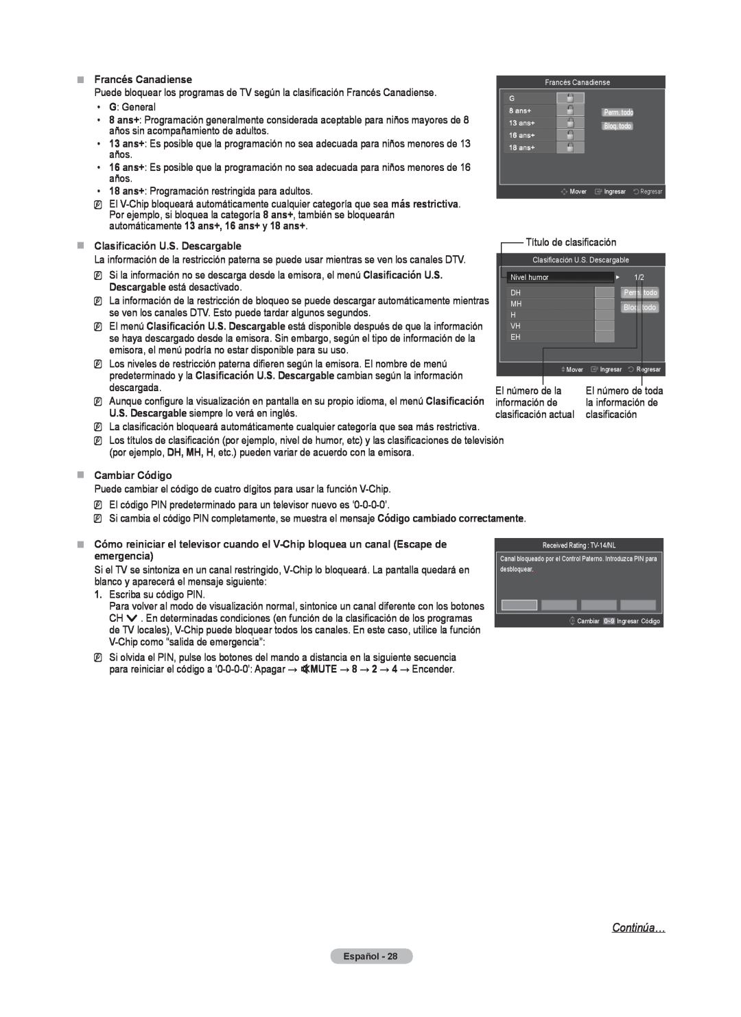 Samsung BN68-02426A-00 user manual Continúa…, „„ Francés Canadiense, „„ Clasificación U.S. Descargable, „„ Cambiar Código 