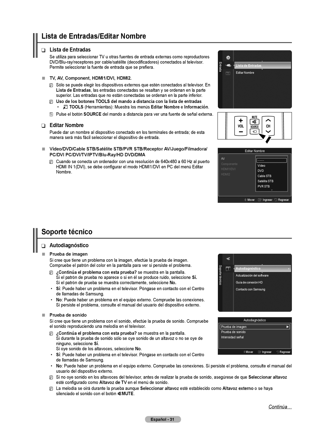 Samsung BN68-02426A-00 user manual Lista de Entradas, Editar Nombre, Autodiagnóstico, Continúa…, „„ Prueba de imagen 