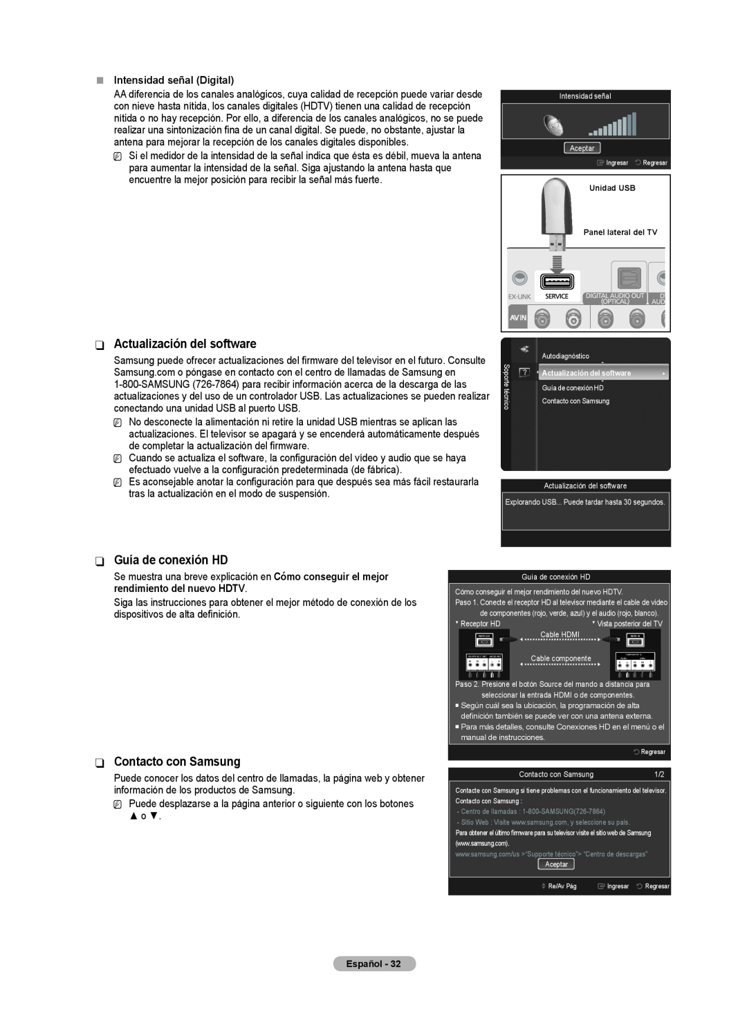 Samsung BN68-02426A-00 Actualización del software, Guía de conexión HD, Contacto con Samsung, „„ Intensidad señal Digital 