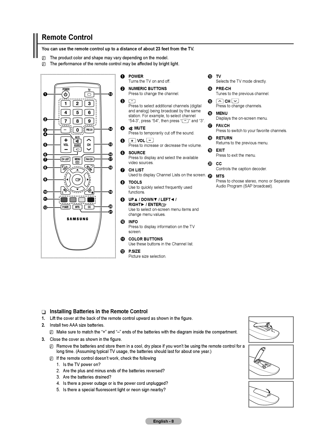 Samsung BN68-02426A-00 user manual Installing Batteries in the Remote Control 