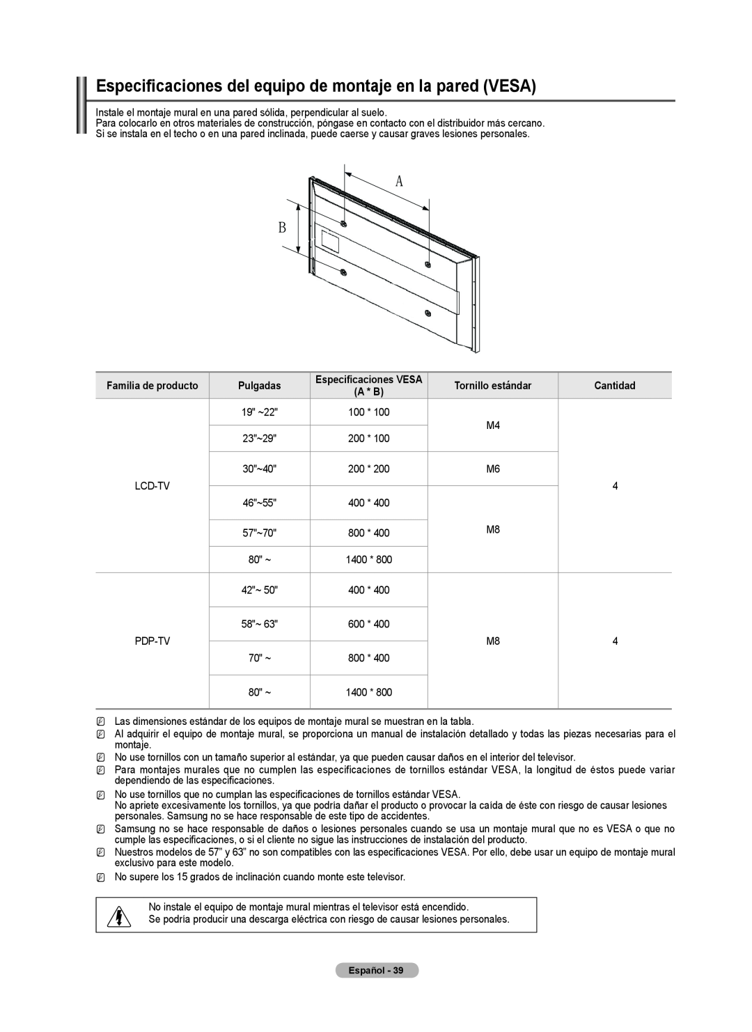 Samsung BN68-02426A-00 user manual Especificaciones del equipo de montaje en la pared VESA, Pulgadas 