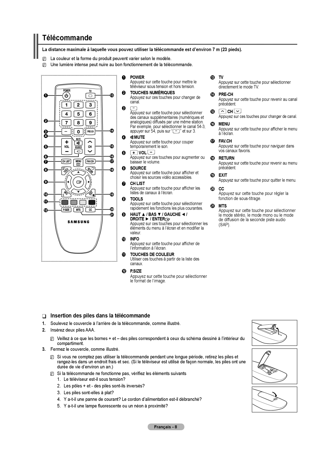 Samsung BN68-02426A-00 user manual Télécommande, Insertion des piles dans la télécommande 