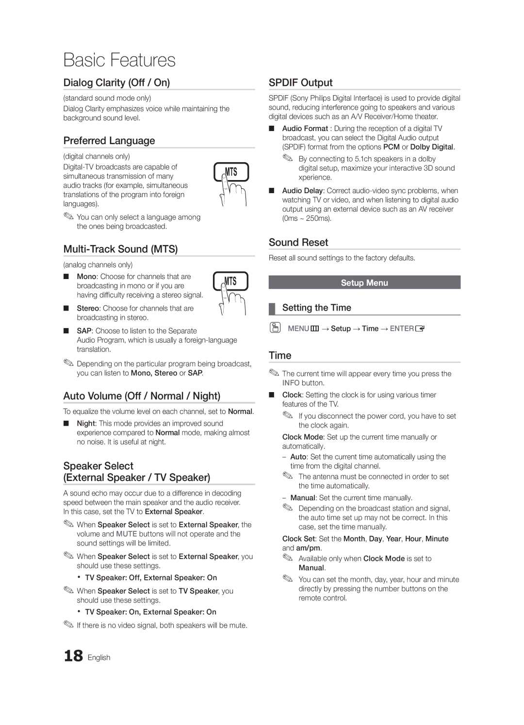 Samsung BN68-02540A-04 Dialog Clarity Off / On, Preferred Language, Multi-Track Sound MTS, Spdif Output, Sound Reset, Time 