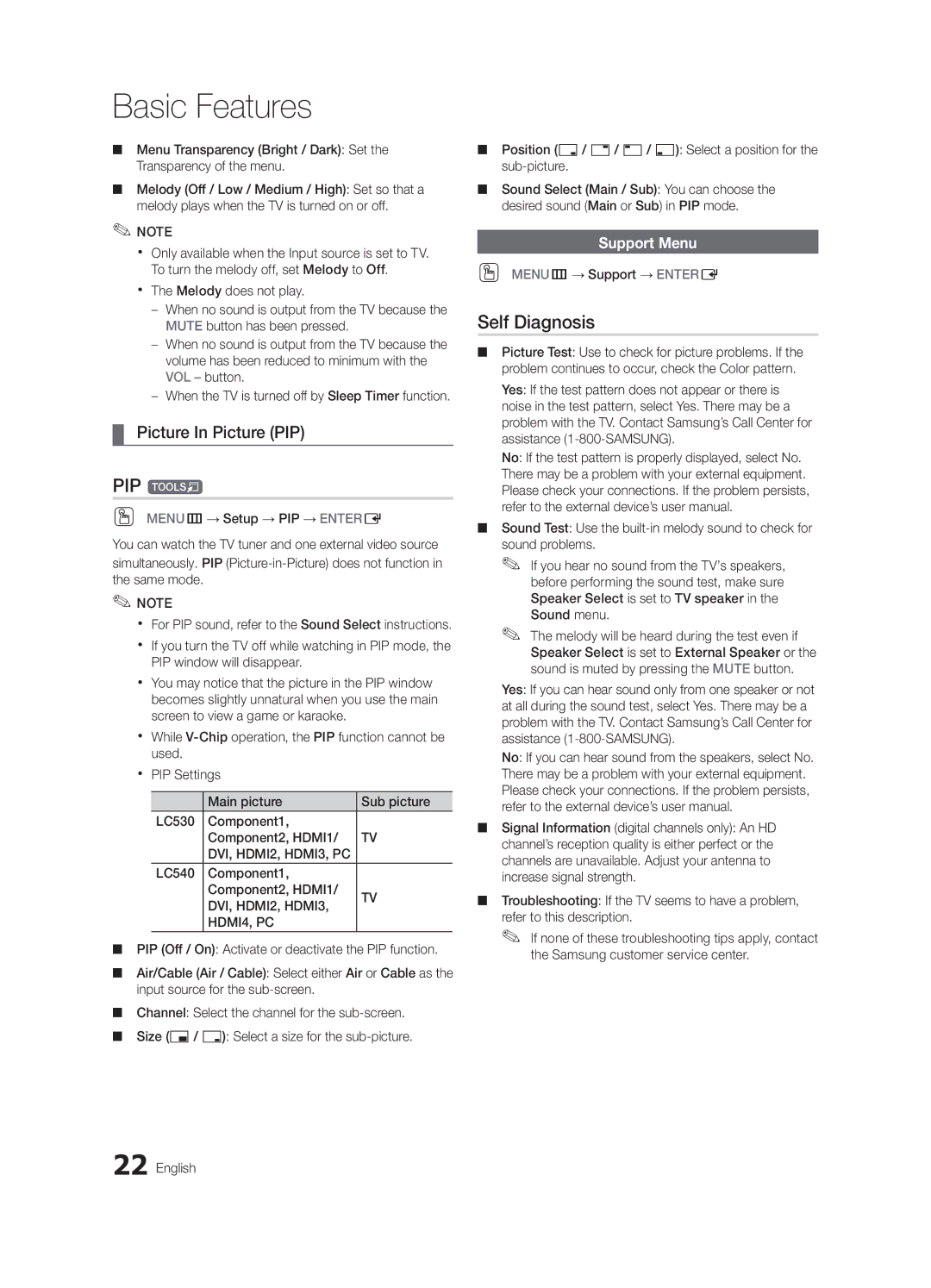 Samsung BN68-02540A-04, LC530-ZA user manual PIP t, Self Diagnosis, Picture In Picture PIP, Support Menu 