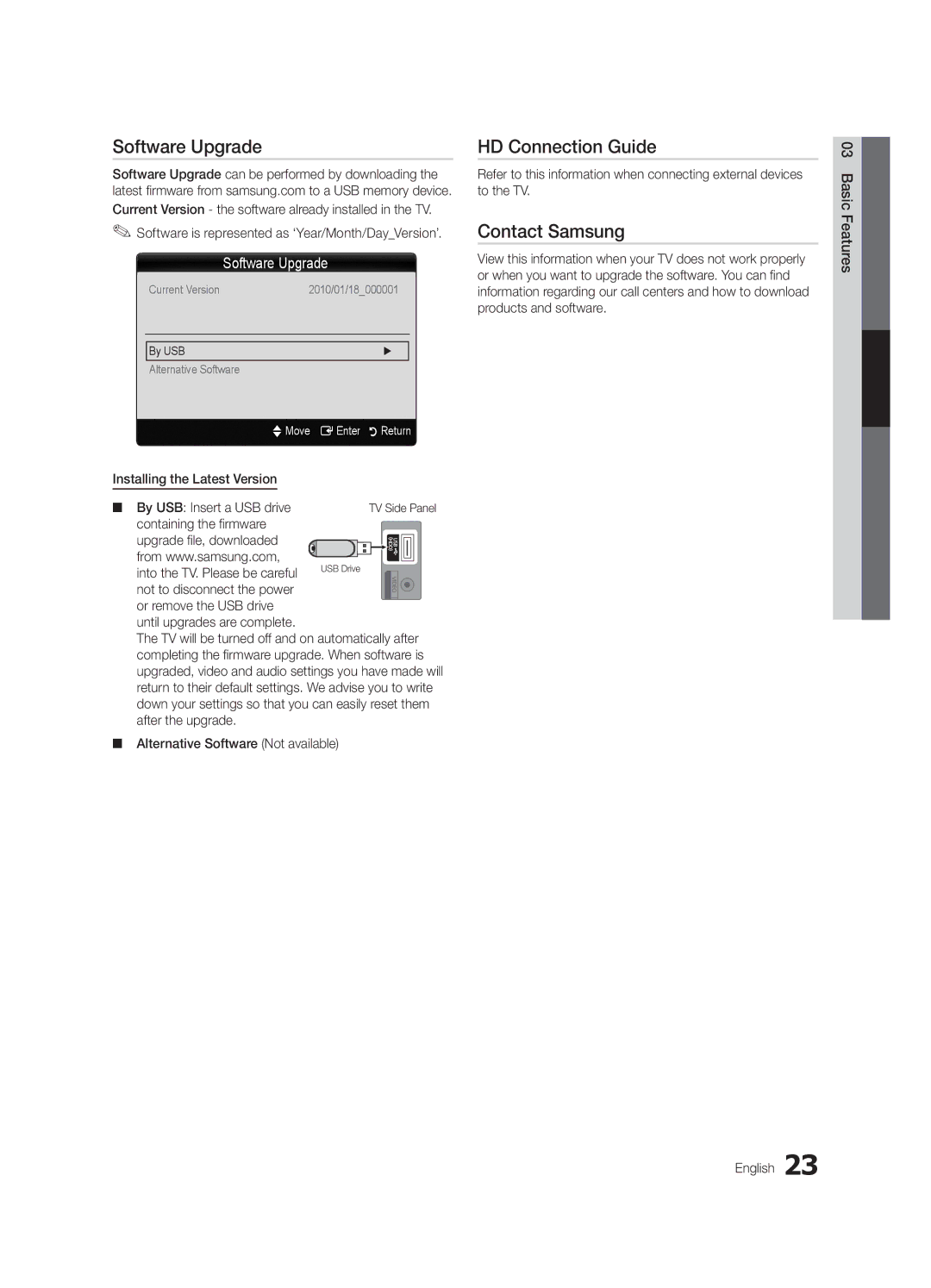 Samsung LC530-ZA, BN68-02540A-04 user manual Software Upgrade, HD Connection Guide, Contact Samsung, By USB 