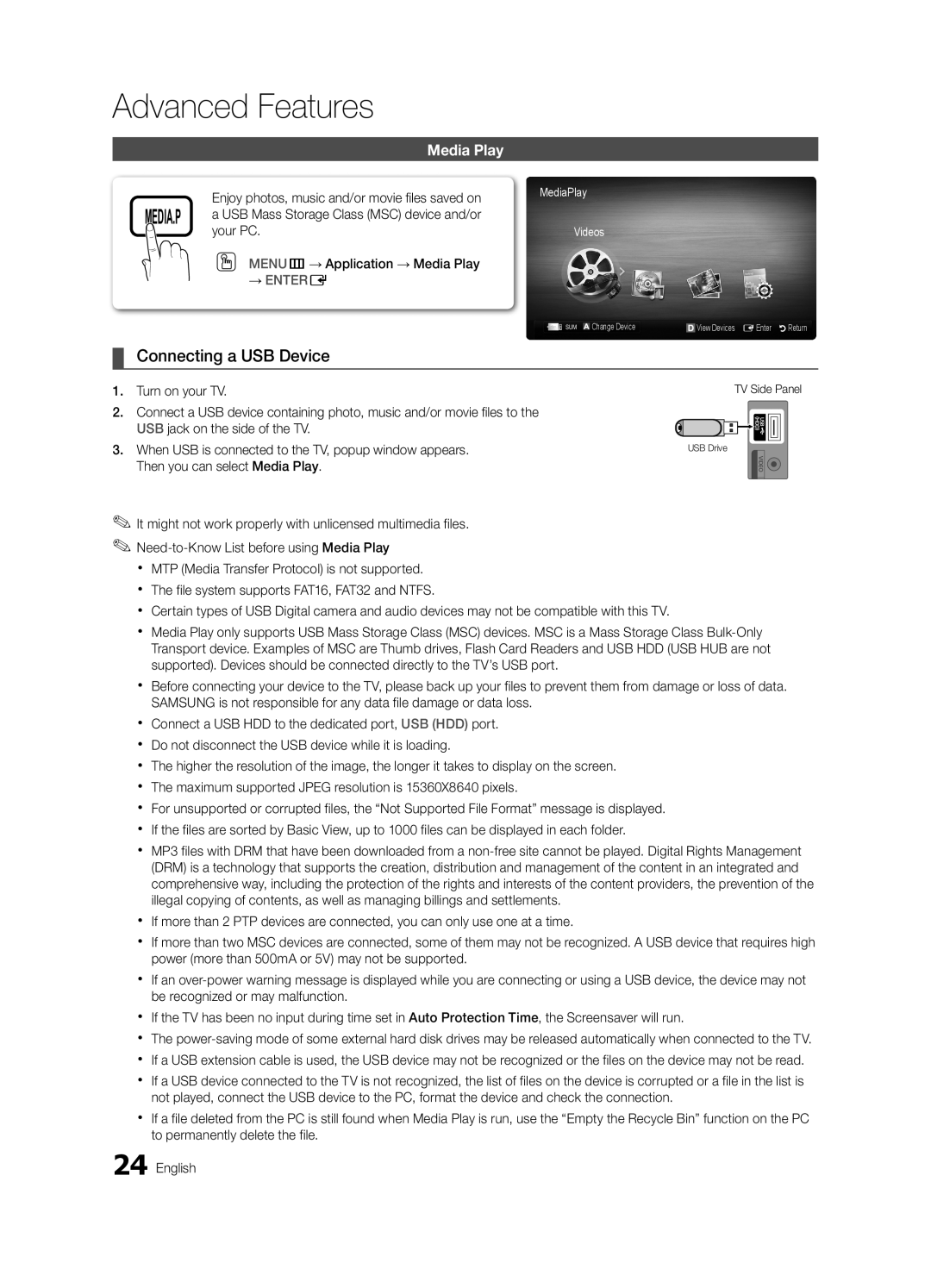 Samsung BN68-02540A-04, LC530-ZA user manual Advanced Features, Connecting a USB Device, Media Play 