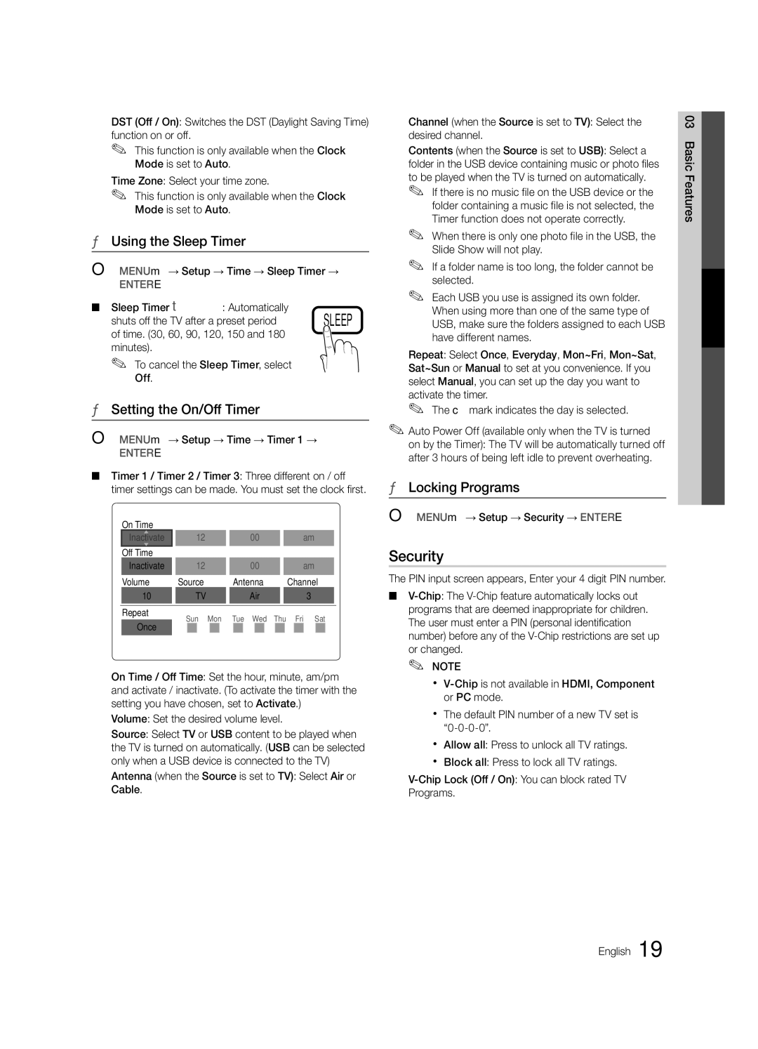 Samsung LC530-ZC, BN68-02540B-04 user manual Security, Using the Sleep Timer, Setting the On/Off Timer, Locking Programs 